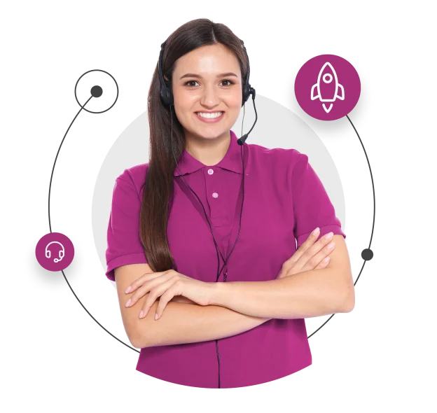 A woman wearing a headset and smiling, providing excellent customer service with a friendly demeanor.